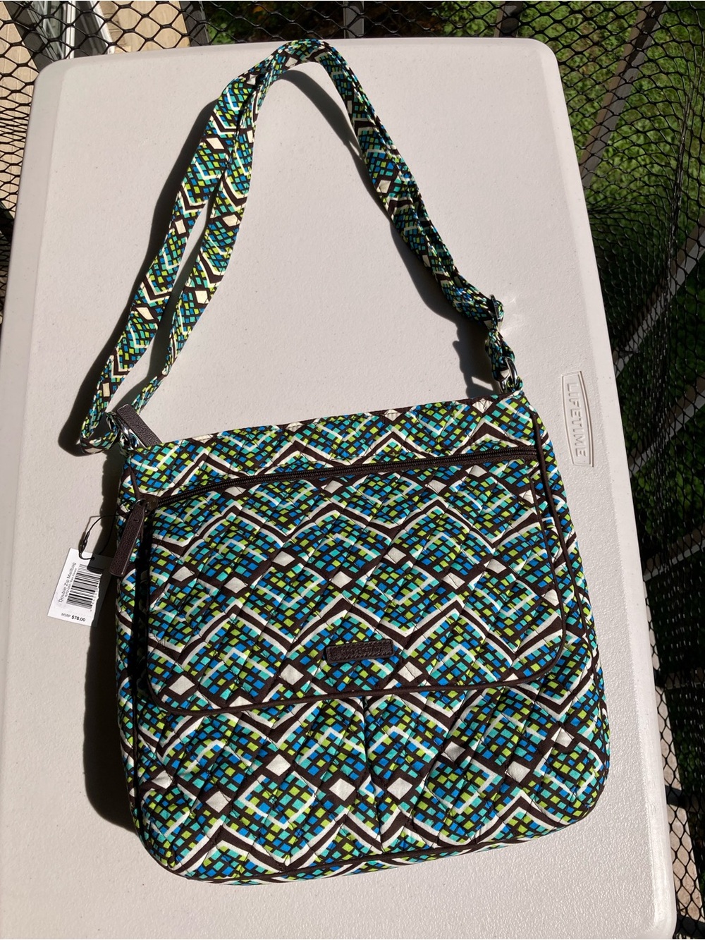 Vera Bradley Green Blue Brown White Double Zip Mailbag Rain Forest Crossbody